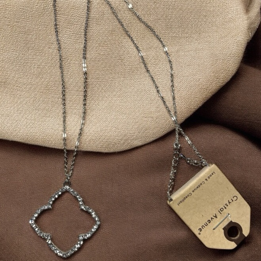 New Long Silver Necklace with Crystal Pendant